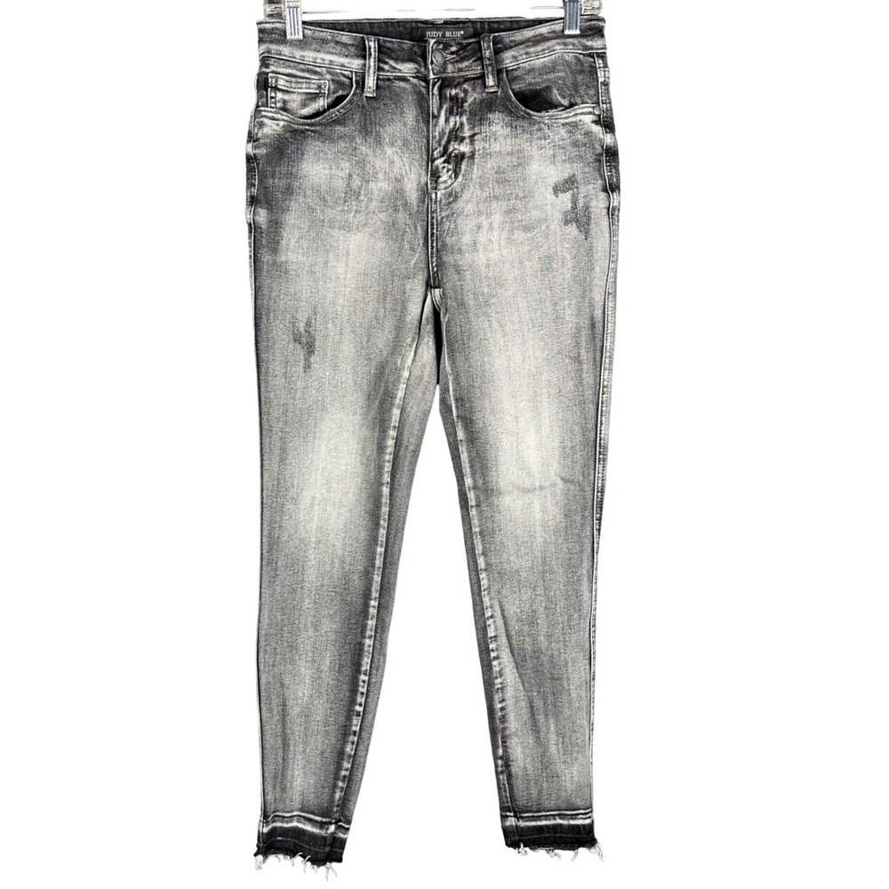 Judy Blue‎ Skinny Jeans Womens 5/27 Grey Acid Wash Raw Hem High Rise Stretch